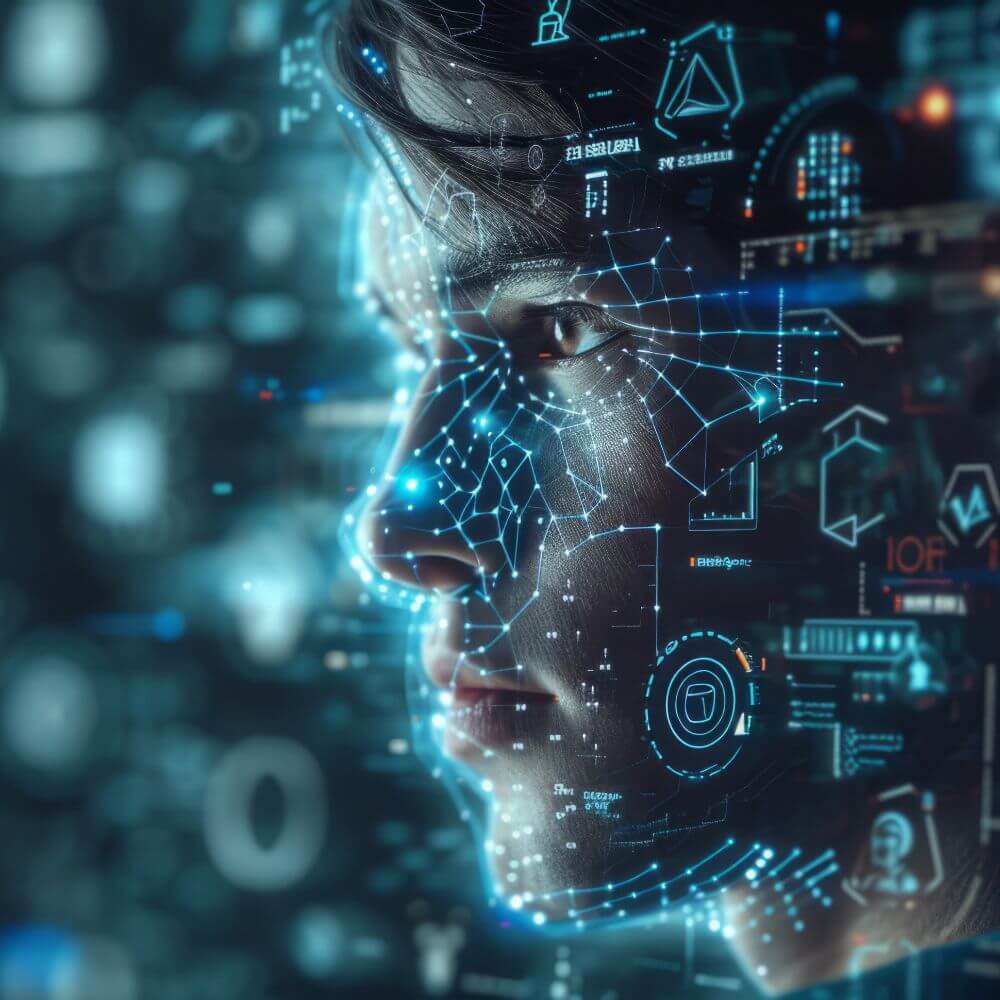 man with distracting images all over his face