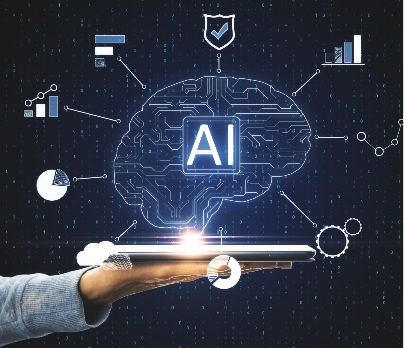 hand holding laptop with futuristic AI concept coming out of it
