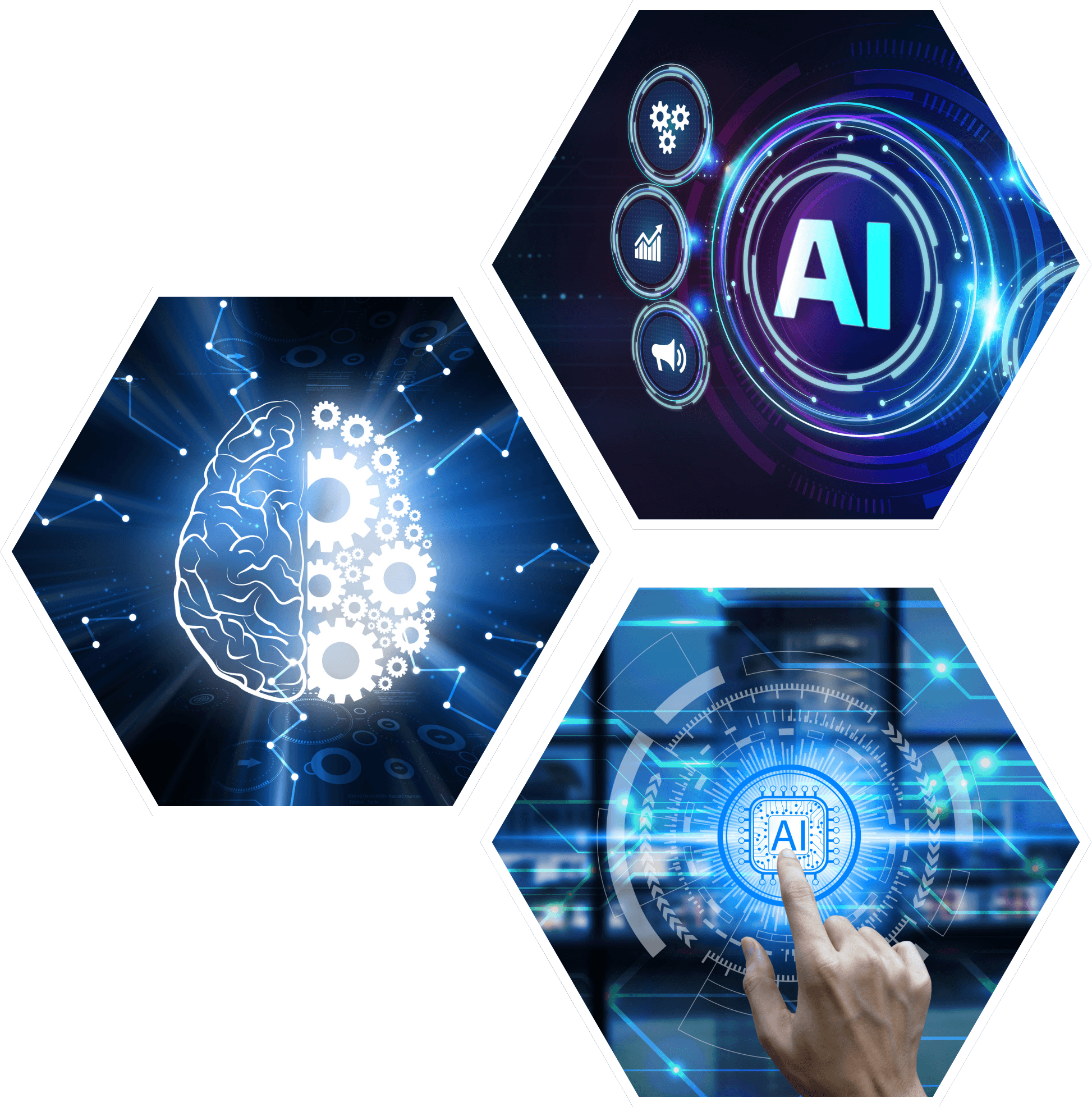 collage of 3 hexagon shaped images with AI computer concepts